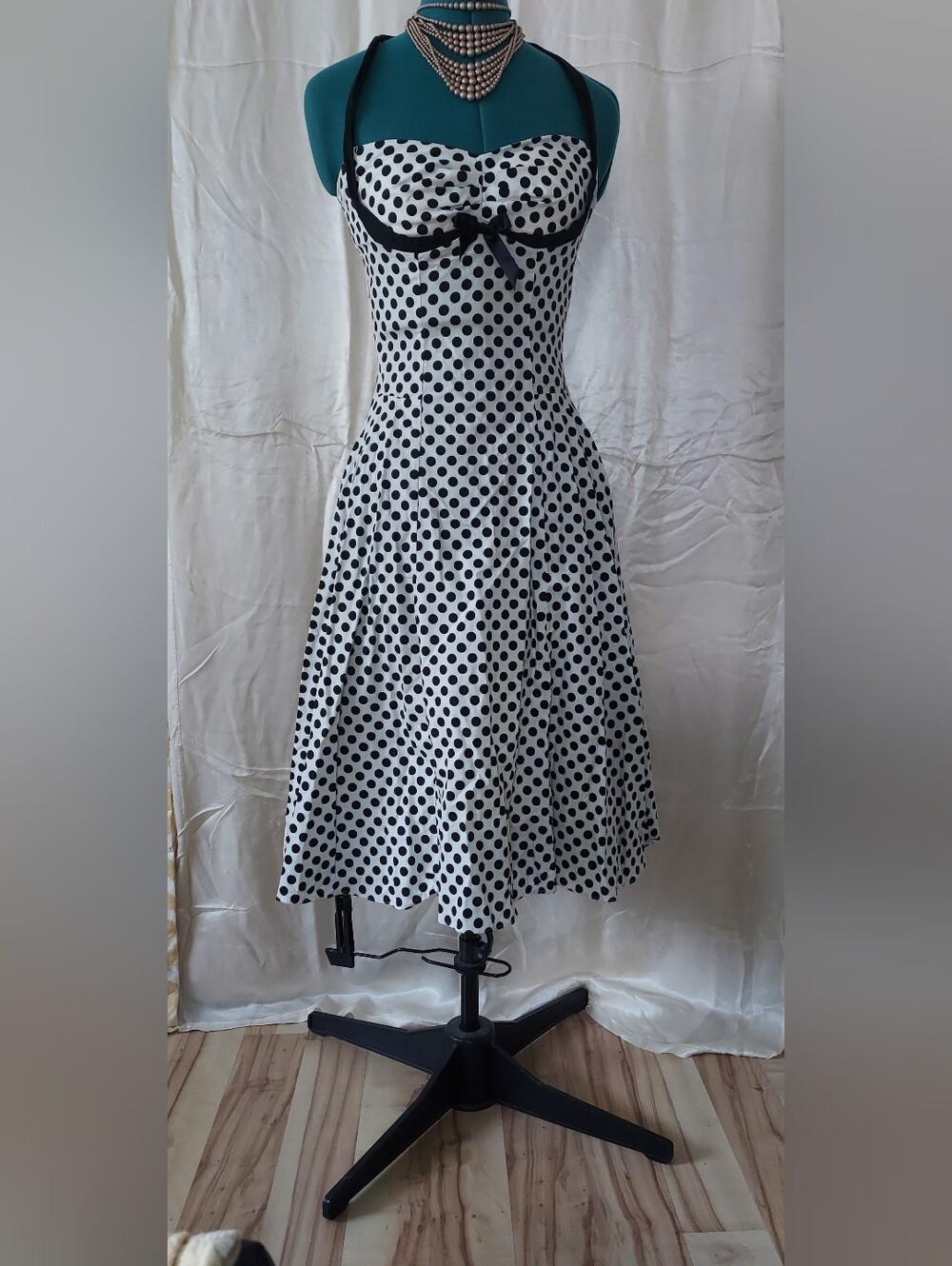 Bernie Dexter Black & White Polka Dot Halter Swingdress